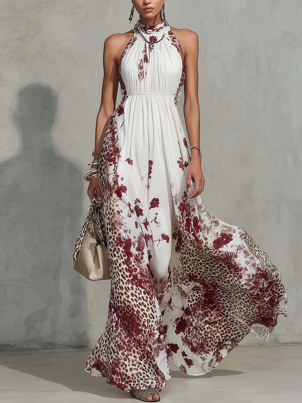 ZARA Elegant Womens Summer Leopard Print Halter Neck Maxi Dress Waist Slimming